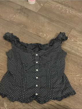 Brandy Melville Navy Blue Polka Dot Ruffle Button-Front Top
